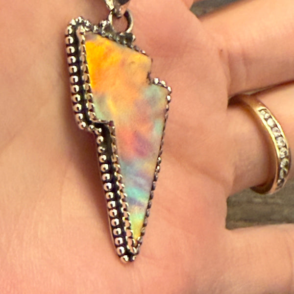 Stunning Aurora Opal Lightening Bolt Necklace Western Pendant Sterling Silver