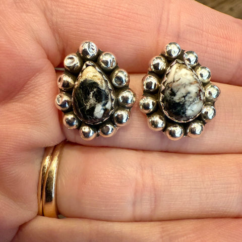 White Buffalo Teardrop Stud Earrings Southwestern Dainty Sterling Silver New