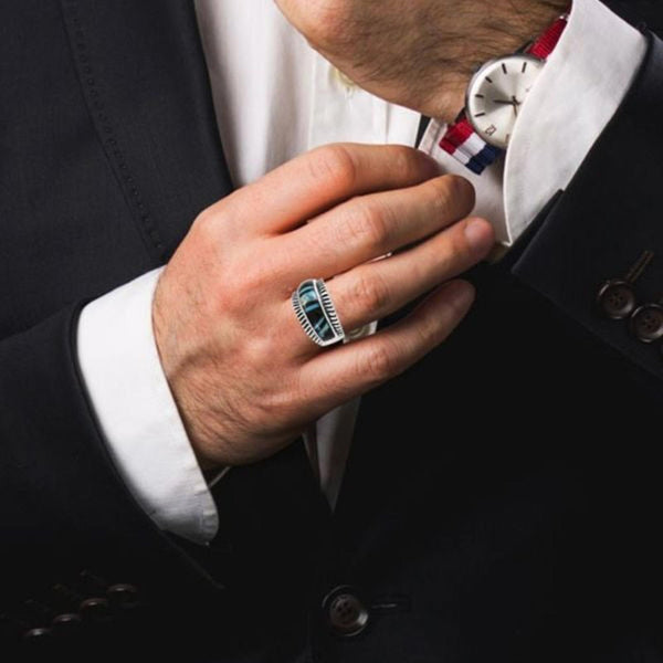 Southwestern Sterling Silver Turquoise & Black Onyx Inlay Band Ring Size 9 New