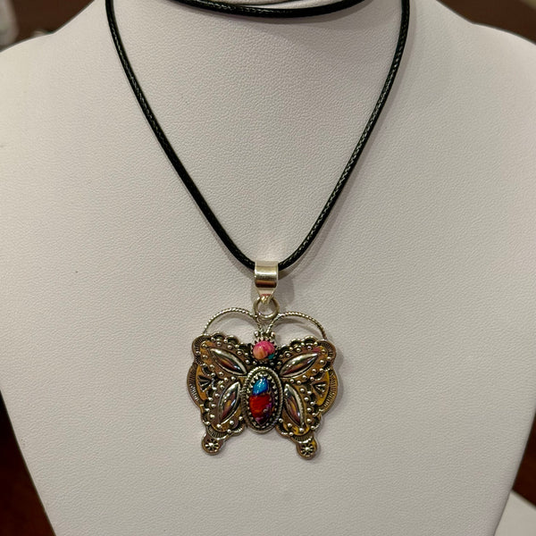 Pink Dahlia Turquoise Butterfly Southwestern Necklace Pendant Sterling Silver