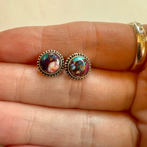 Southwestern Multi Color Dahlia Turquoise Dainty Stud Silver Earrings Handmade