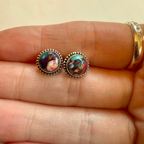 Southwestern Multi Color Dahlia Turquoise Dainty Stud Silver Earrings Handmade