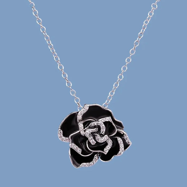 Sterling Silver Black Flower Enamel Drip Rhinestone Necklace Womens New
