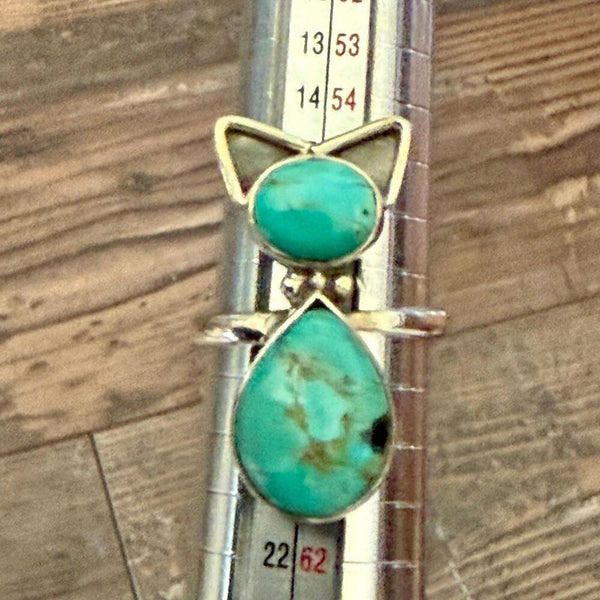 Southwest Kingman Turquoise Cat Ring Artisan Handmade Sterling Silver Adjustable