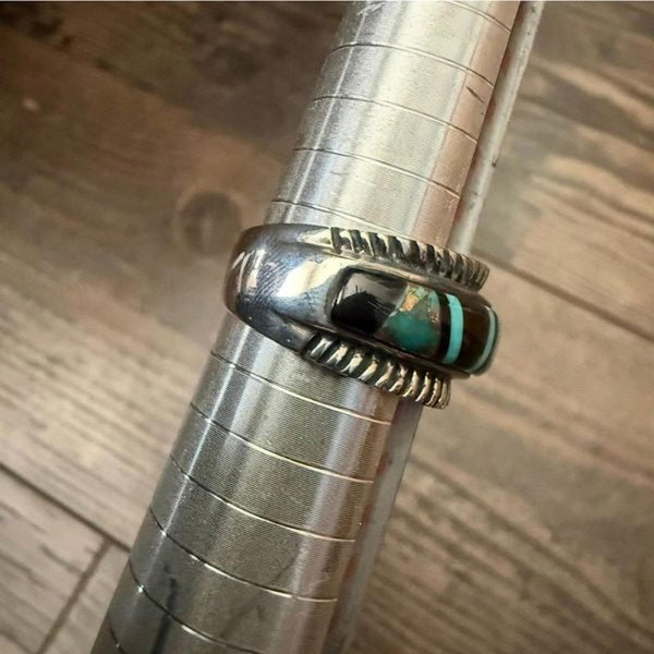 Southwestern Sterling Silver Turquoise & Black Onyx Inlay Band Ring Size 9 New