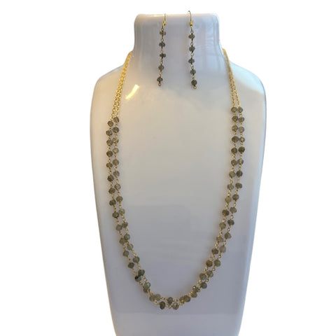 Natural Labradorite 14k Gold Beaded Adjustable Necklace And Dangle Earrings Set