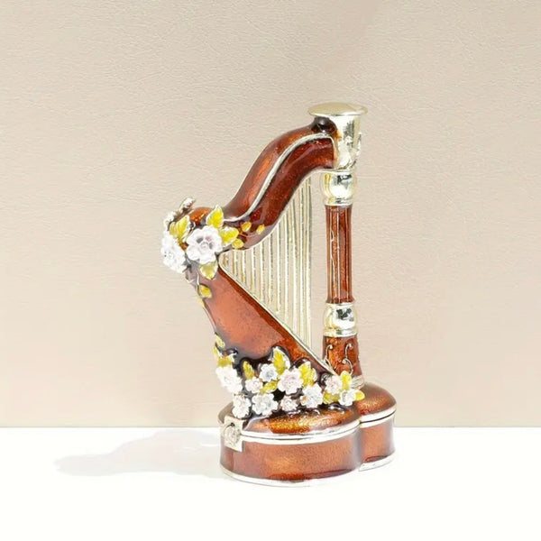 Vintage Style Hand Painted Enamel Harp Jewelry Trinket Box Magnetic Closure New