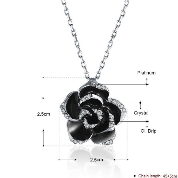 Sterling Silver Black Flower Enamel Drip Rhinestone Necklace Womens New
