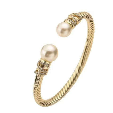 Gold Twisted Crystal Rhinestone & Pearl Cable Cuff Bracelet