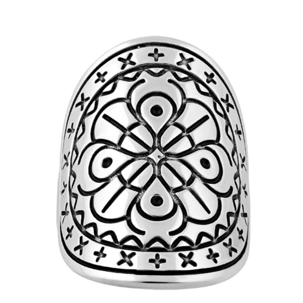 Solid Sterling Silver Bohemian Floral Dome Shield Ring Size 7 New