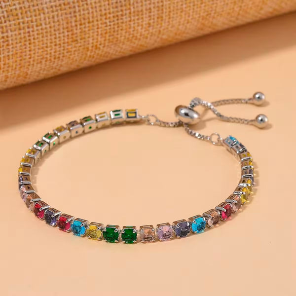 Simulated Multi Color Diamond Tennis Bracelet with Bolo Slider in Silvertone 6-9Inches
