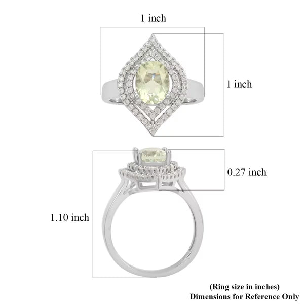 Simulated Prasiolite and Simulated Diamond 2.90 ctw Silver Ring Size 10 New