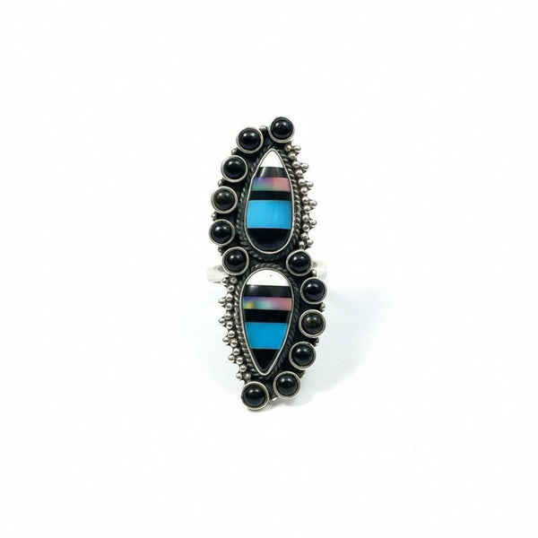 Southwestern Aurora Opal & Onyx Sterling Silver Adj Ring