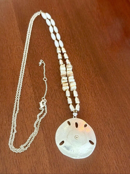 Coastal Sand Dollar Pendant Necklace 36 Long Boho Silver Beaded Beach Jewelry