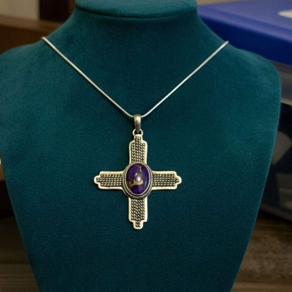 Southwestern Purple Mojave Turquoise Cross Pendant Necklace - Sterling Silver