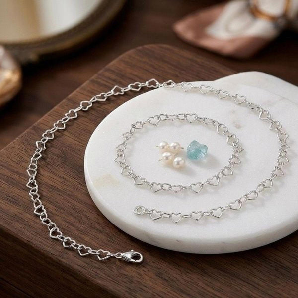 Italian Sterling Silver Heart Link Chain Necklace 16” 4.4mm New 925 Italy