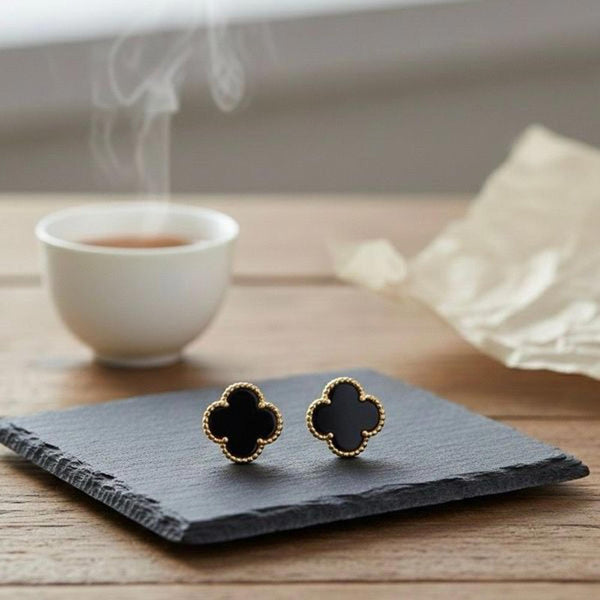 Black Onyx Clover Stud Earrings Gold Vermeil Beaded Trim Elegant Gift New