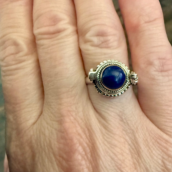Round Cut Lapis Lazuli Gemstone Poison Locket Box Ring Boho Sterling Silver New