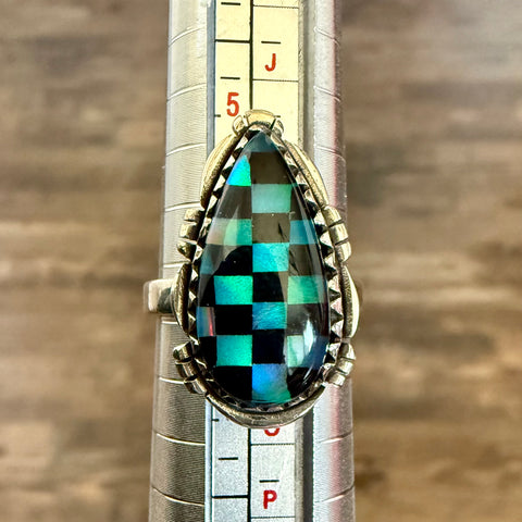 Trendy Southwest Aurora Opal And Onyx Checkerboards Sterling Silver Boho Ring Size 6