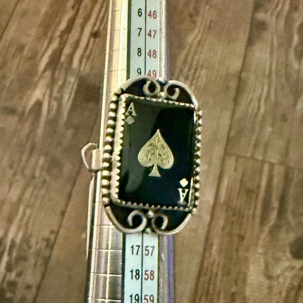 Ace of Spades Statement Ring Black Onyx & Silver Scrollwork, Playing Card Design