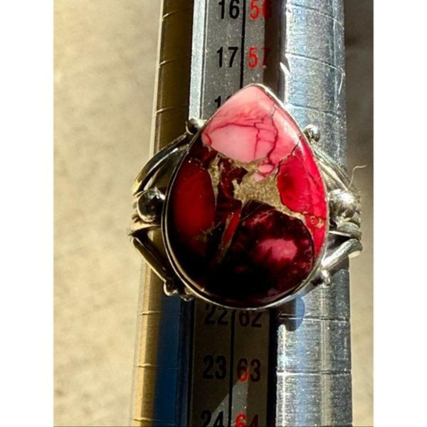 Southwestern Teardrop Red Rose Dahlia Turquoise Statement Ring Silver Size 6