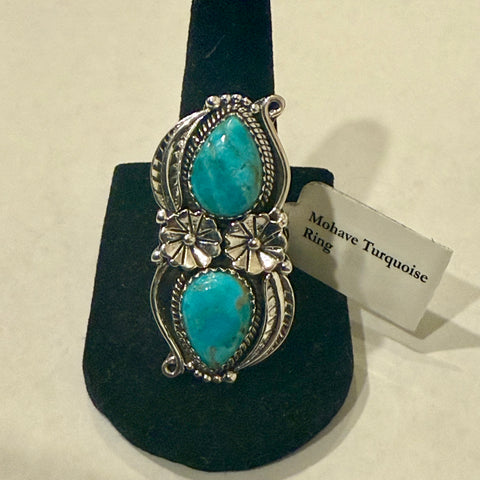 Mohave Turquoise Southwestern Statement Boho Ring Sterling Silver Floral Framed