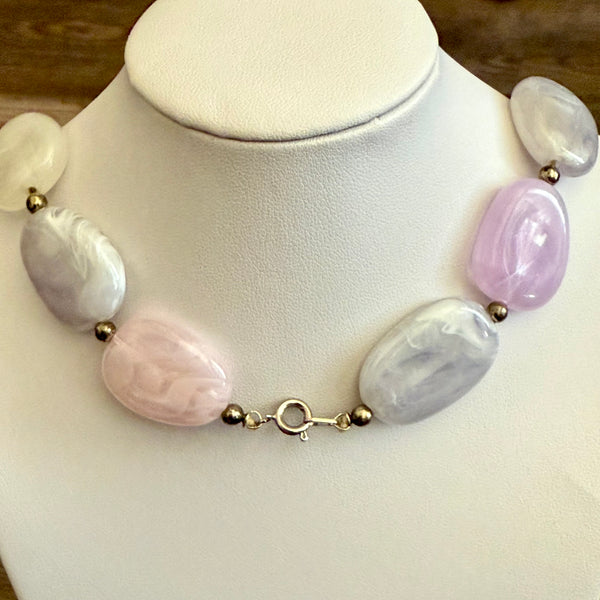 Vintage Spring Pastel Colorful Lucite Oval Beaded Chunky Statement Necklace