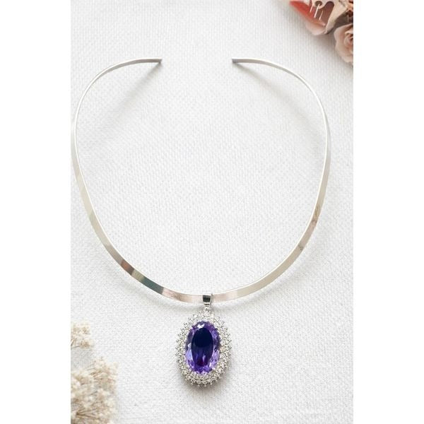 Silver Choker Torque Necklace Amethyst Crystal Pendant