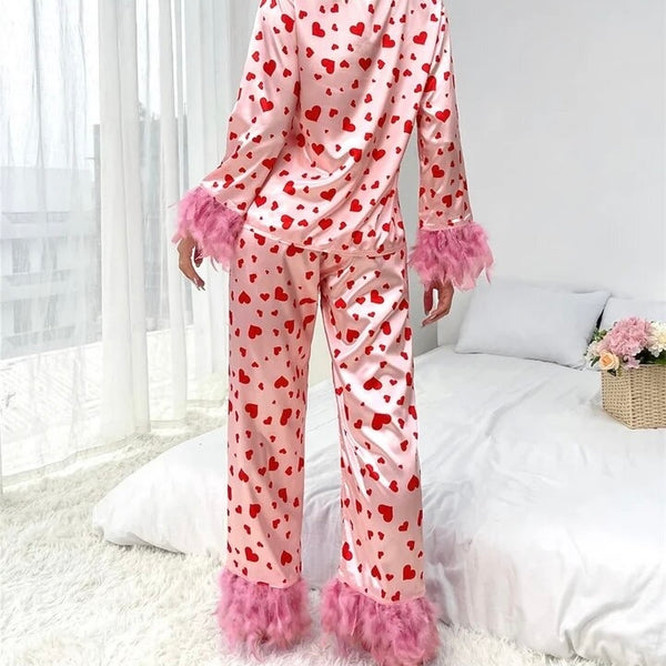 Satin Loungewear Set Heart Print Womens Feather Cuff Long Sleeve Button Down