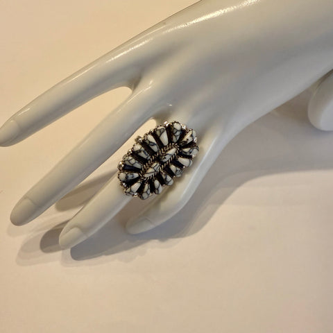 Native American Genuine White Buffalo Turquoise Cluster Ring Navajo Handmade