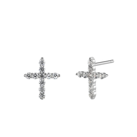 Dazzling Chic Solid Sterling Silver Cross CZ Stud Earrings New