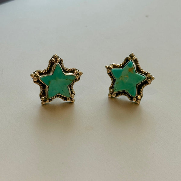 Southwestern Blue Turquoise Star Stud Earrings Unique Sterling Silver Framed New