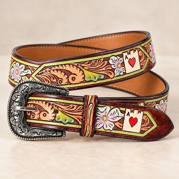 Genuine Leather Western Tooled Ace of Hearts Floral Belt Mens Womens Unisex Sz L