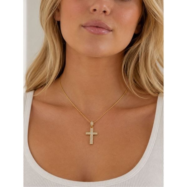 Gold Vermeil Moissanite Cross Pendant Necklace 16” Chain Religious Jewelry New