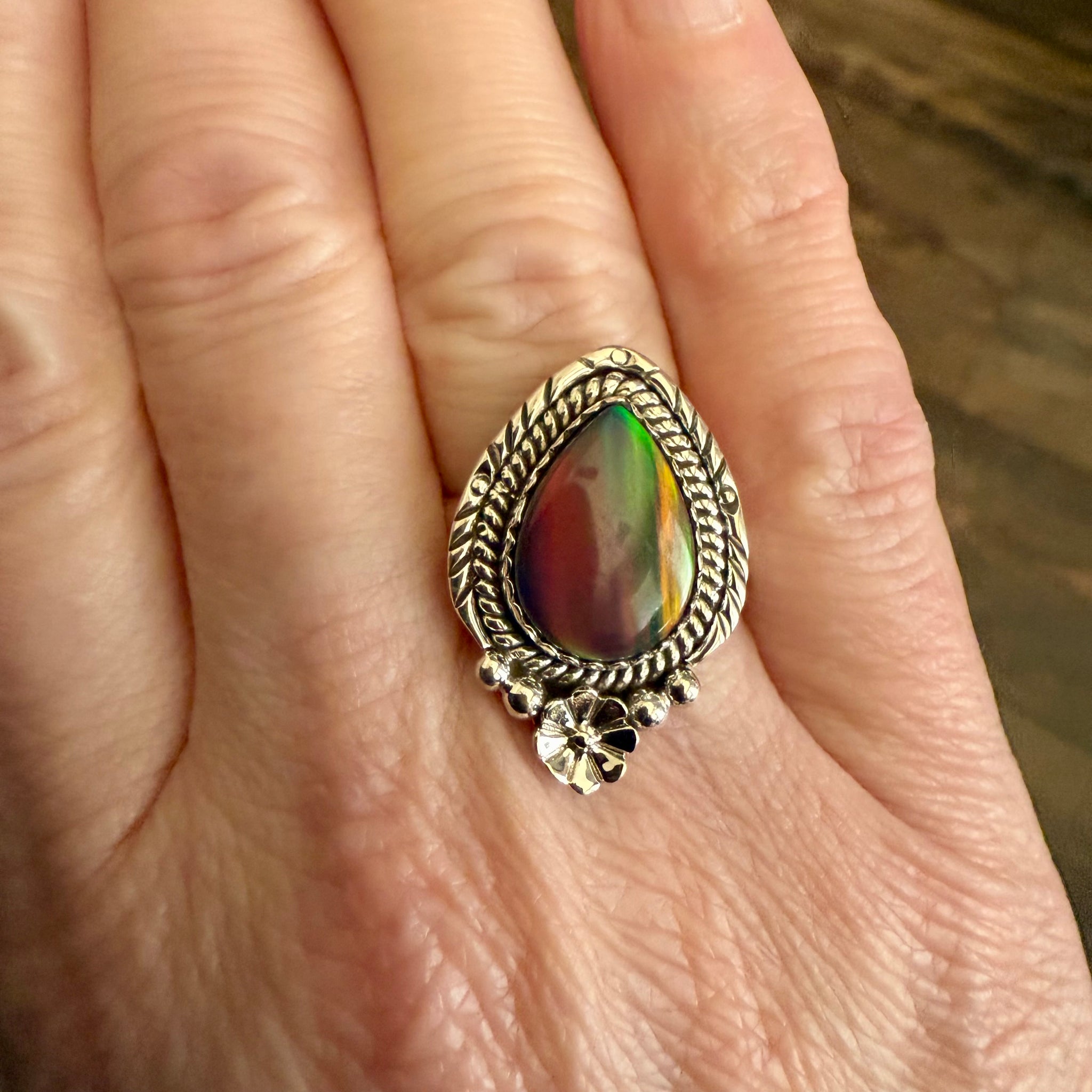 Stunning Southwestern Aurora Opal Ring 925 Sterling Silver Boho Floral Framed