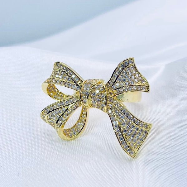Rhinestone Bow Ring Womens Gold Plated Sterling Silver Statement Jewelry