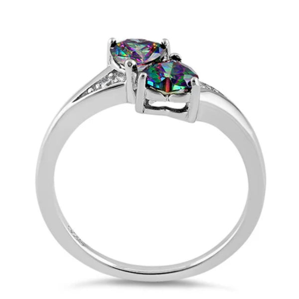 Sterling Silver Double Heart Rainbow Topaz CZ Ring