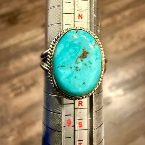 Oval Kingman Turquoise  Double Band Ring Southwestern Sterling Silver Size 7