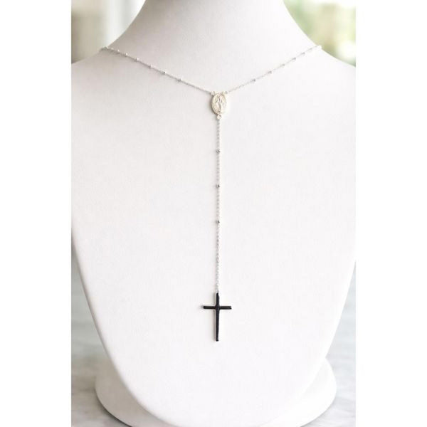 Sterling Silver Rosary Necklace Lariat Style Miraculous Medal & Cross Pendant