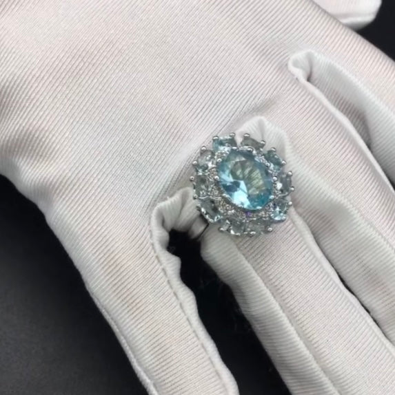 Stunning Round Aquamarine Zircon Sterling Silver Statement Ring Multi Stone New