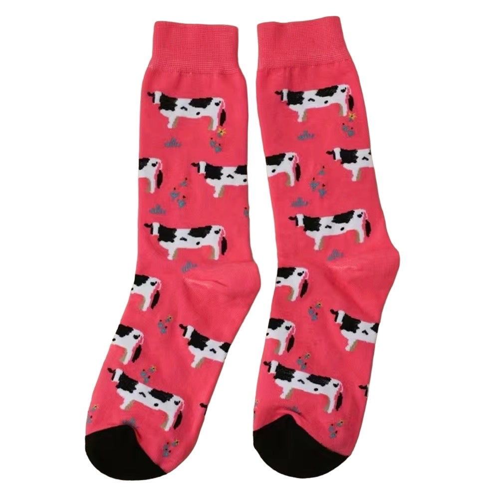 Womens Western Farm Barbie Pink Funny Graphics Cow Print Crew Socks
