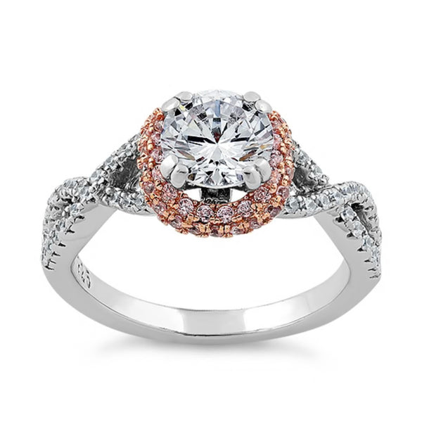Sterling Silver Twisted Two Tone Rose Gold Vermeil Clear CZ Ring Size 6 New
