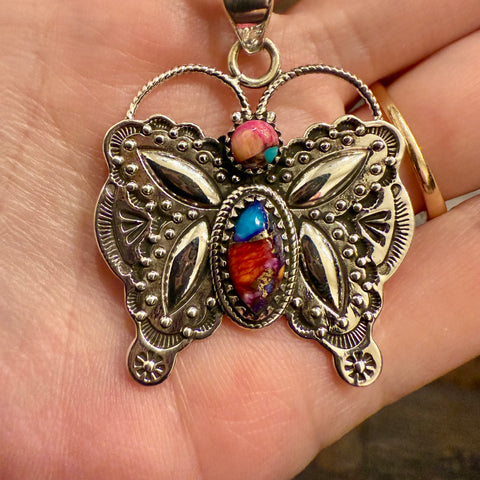 Pink Dahlia Turquoise Butterfly Southwestern Necklace Pendant Sterling Silver