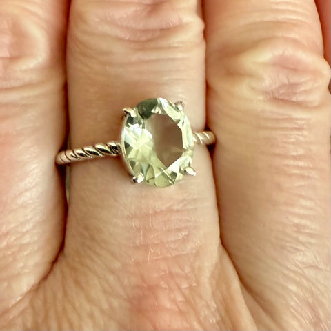 Natural Faceted Oval Green Amethyst Sterling Silver Twisted Ring Size 7 New