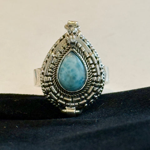Beautiful Larimar Poison Pillbox Locket Ring Womens Sterling Silver Boho New Size 8