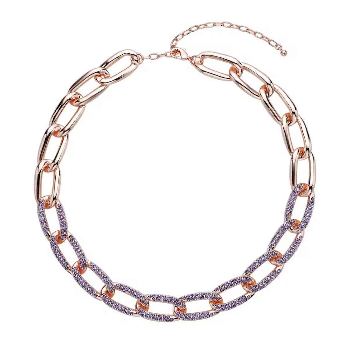 Purple Austrian Crystal Paperclip Rose Gold Necklace 18.5-22.50”