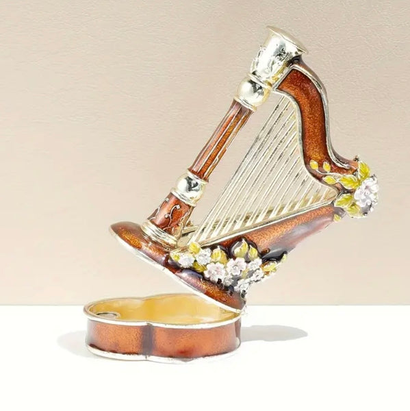 Vintage Style Hand Painted Enamel Harp Jewelry Trinket Box Magnetic Closure New