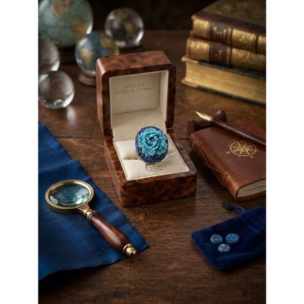 Floral Statement Ring Artisan Blue Carved Flower Cocktail Ring with Pave Crystal