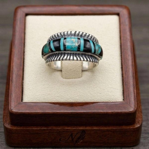 Southwestern Sterling Silver Turquoise & Black Onyx Inlay Band Ring Size 9 New