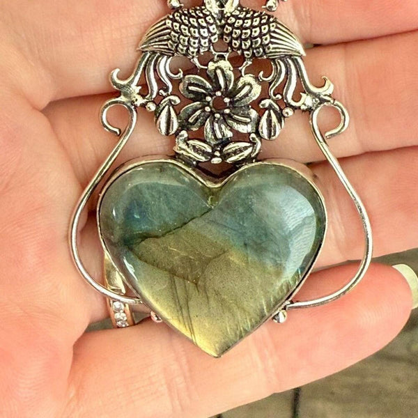 Stunning Heart Labradorite Pendant Statement Necklace Unique Peacock Framed